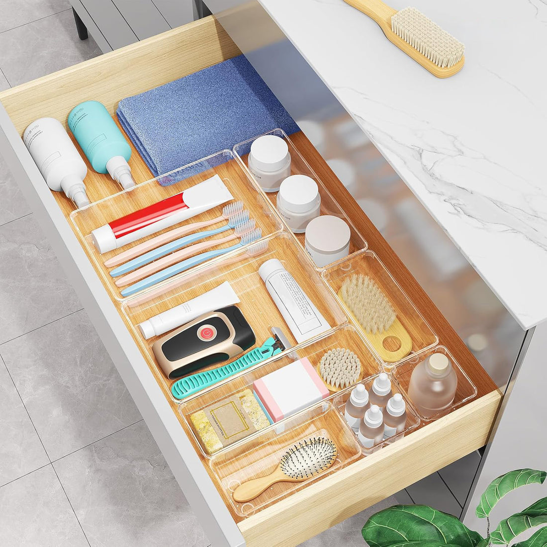 Set 15 Cutii Depozitare Elindor® Organizator pentru Bucatarie si Baie, 4 Marimi, Organizatoare Dulap si Sertare, Cutie pentru Sertar, Frigider, Camara, Baie, Bar, Birou, Cos Multifunctional, Separator Fructe, Legume, Creme, Parfumuri, PP