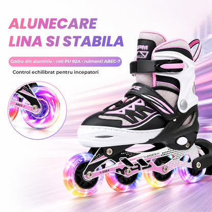 Role Reglabile Elindor® pentru Copii si Adulti, 4 Roti Luminoase din Silicon in Linie, Rulmenti ABEC-7, Frana Spate, Aluminiu / Poliuretan, Patine cu Rotile pentru Fete, Baieti, Dama, PM01 Marimea S, 28-31, Alb / Roz