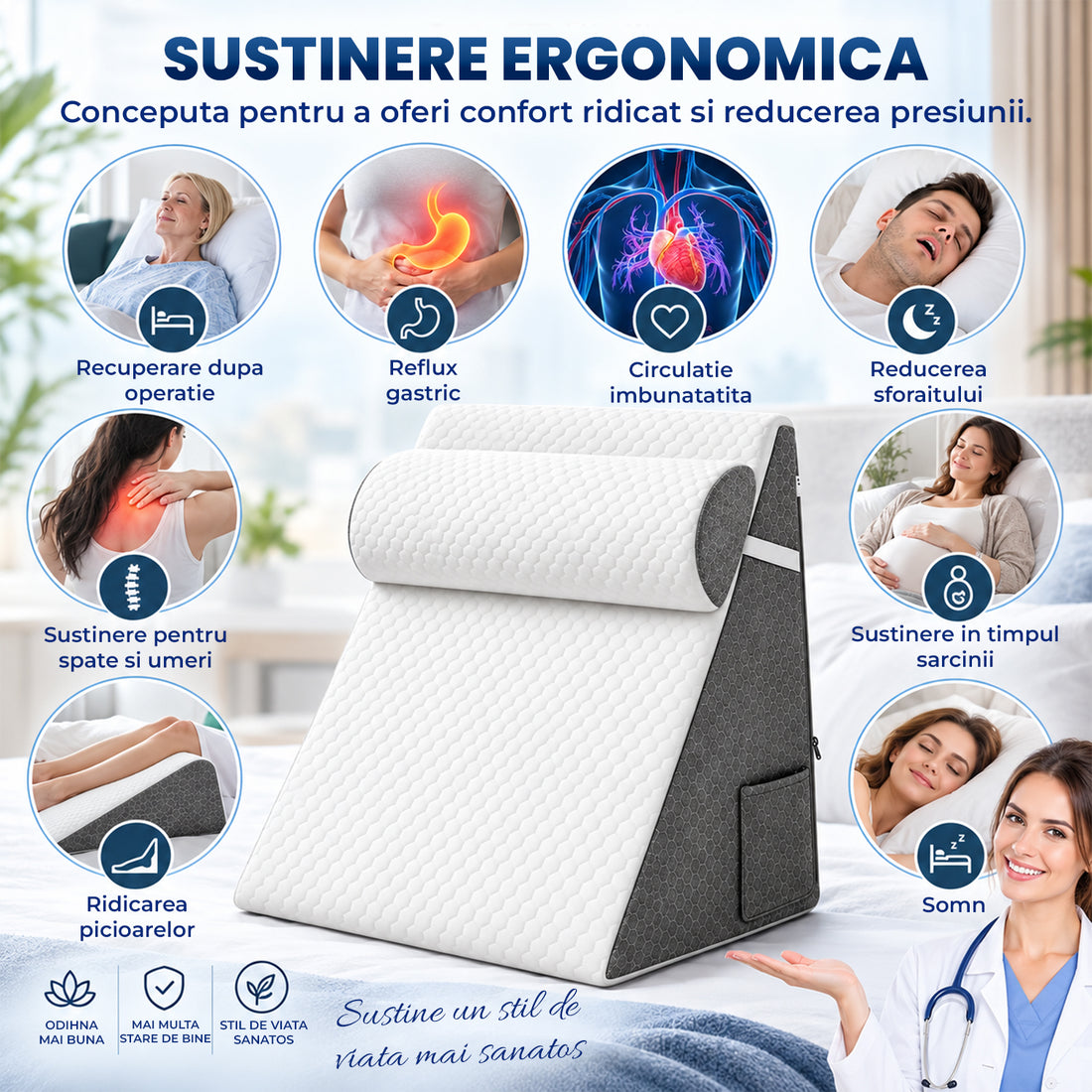 Perna Ergonomica Elindor®, Perna Wedge pentru Circulatie si Recuperare, Suport pentru Genunchi, Picioare si Trunchi, cu Spuma cu Memorie, Husa Textila, 50 x 50 x 26 cm, Gri / Alb