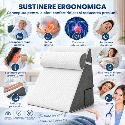 Perna Ergonomica Elindor®, Perna Wedge pentru Circulatie si Recuperare, Suport pentru Genunchi, Picioare si Trunchi, cu Spuma cu Memorie, Husa Textila, 50 x 50 x 26 cm, Gri / Alb