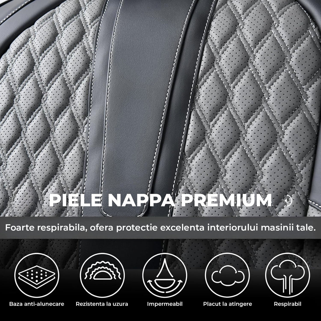 Set 2 Huse Scaune Auto Elindor®, Piele Nappa, Protectie Scaun Sofer, Montaj Rapid, Husa Impermeabila, Acoperire Spatar si Sezut, Accesorii Masina Interior, Universale Compatibile cu VW, Dacia, Renault, BMW, Ford, Skoda, Hyundai, Gri