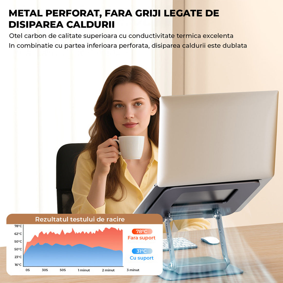 Suport Laptop si Tableta Elindor®, Masa Ergonomica Reglabila si Portabila, Stand Universal cu Baza Rotativa 360°, Antiderapanta, Compatibil 10–15.5 Inch, Ideal pentru Birou, Acasa si Calatorii, Gri