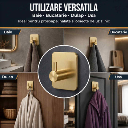 Set 6 Carlige Adezive Elindor® din Otel Inoxidabil, Montare Fara Gaurire, Greutate Mxima Suportata 10 kg, Design patrat si Colturi Rotunjite, Instalare Usoara, Ideal pentru Baie, Bucatarie sau Birou, 4.5 x 4.5 cm, Auriu