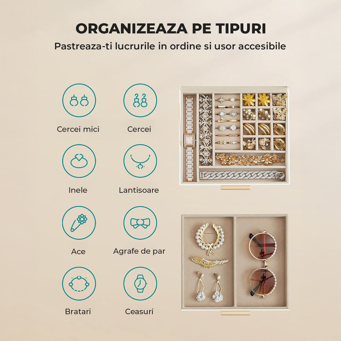 Cutie de Bijuterii Elindor® cu Capac, Organizator 2 Niveluri, 1x Sertar, Spatiu de Depozitare Inel, Verighete, Lantisoare, Bratari, Cercei, Caseta din Material Catifelat, Design Rafinat, Simplu si Elegant, Piele Ecologica, 22.3 x 23.1 x 10.4 cm, Alb/Auriu