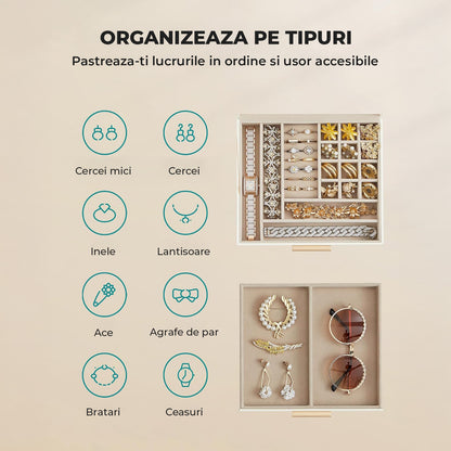 Cutie de Bijuterii Elindor® cu Capac, Organizator 2 Niveluri, 1x Sertar, Spatiu de Depozitare Inel, Verighete, Lantisoare, Bratari, Cercei, Caseta din Material Catifelat, Design Rafinat, Simplu si Elegant, Piele Ecologica, 22.3 x 23.1 x 10.4 cm, Alb/Auriu