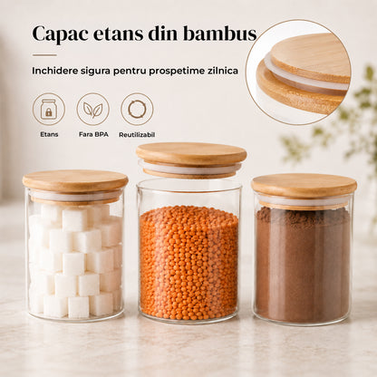 Set 6 Borcane din Sticla Elindor® cu Capac Ermetic din Bambus, Borcan 500 ml, Marker si Etichete Incluse, Ideal pentru Condimente, Fructe Uscate, Zahar, Cafea, Recipient Depozitare in Bucatarie, 10.8 × 8.5 cm, Transparent