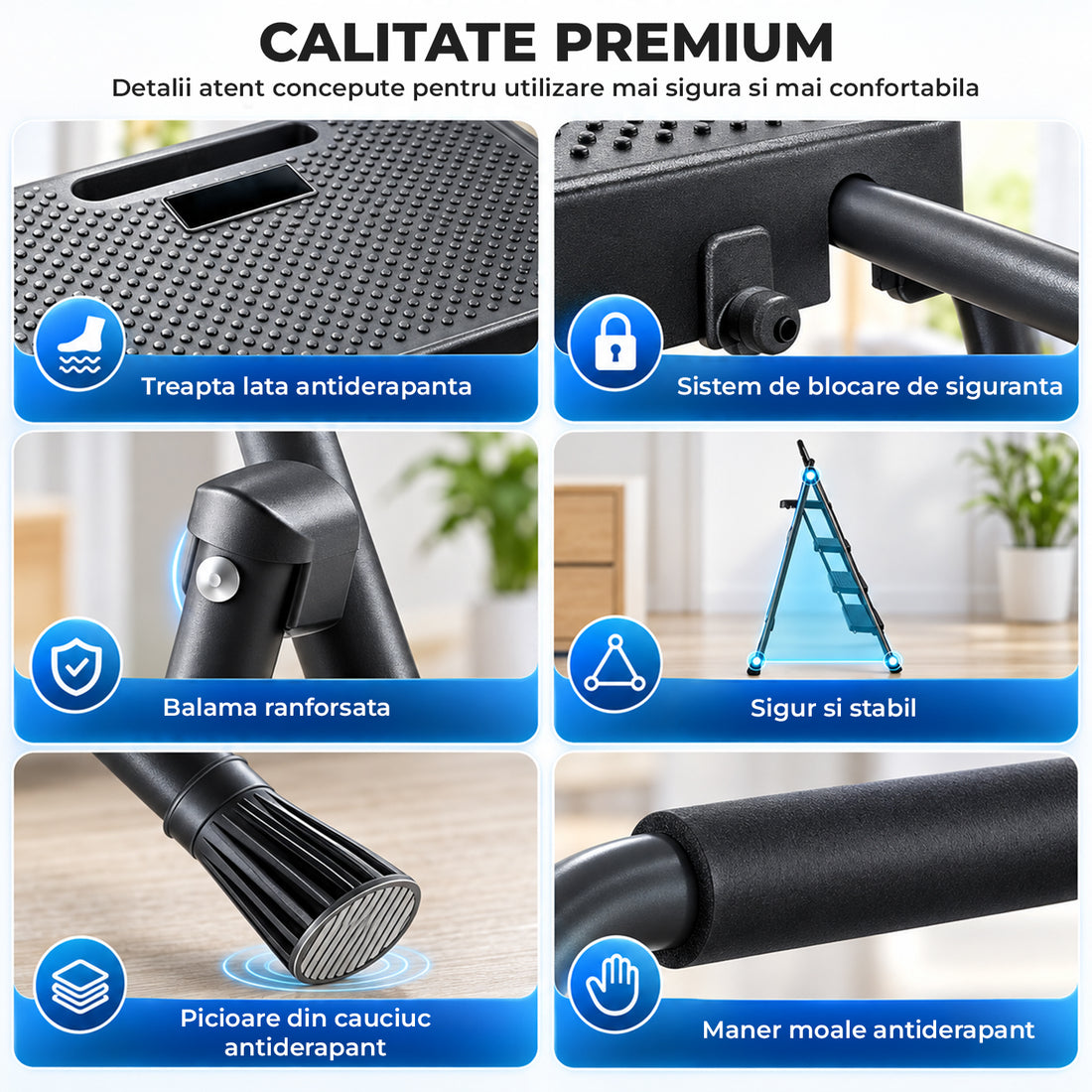 Scara Pliabila Metalica Elindor® cu 4 Trepte, Portabila, cu Pedale Late Antiderapante, Maner de Sprijin, Sistem de Blocare, Picioare Antialunecare, pentru Interior, Uz Casnic, Capacitate 150 kg, 80 x 54.5 x 122 cm, Negru