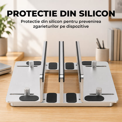 Suport Vertical Elindor® pentru Laptop, Tableta, Notebook si Carti, cu 3 Sloturi, Reglabil, Stand Universal, Compatibil Pana la 17.3 Inch, Ideal pentru Birou, Acasa, 14.5 x 14.2 x 4.6 cm, Argintiu