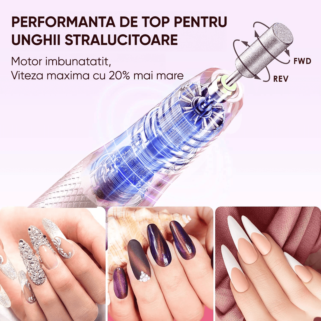 Freză unghii profesională wireless, 18.000 RPM, 12 capete, 36 benzi de șlefuire, roz