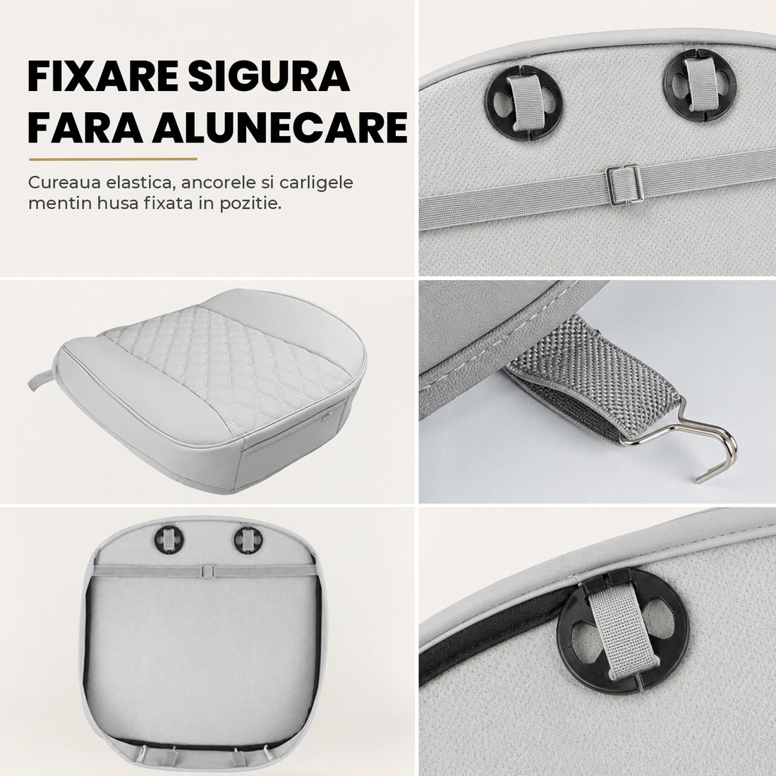 Husă Auto Universală 54 x 53 cm, Piele PU Matlasată, Anti-Alunecare, Design Elegant cu Buzunar de Depozitare, Gri