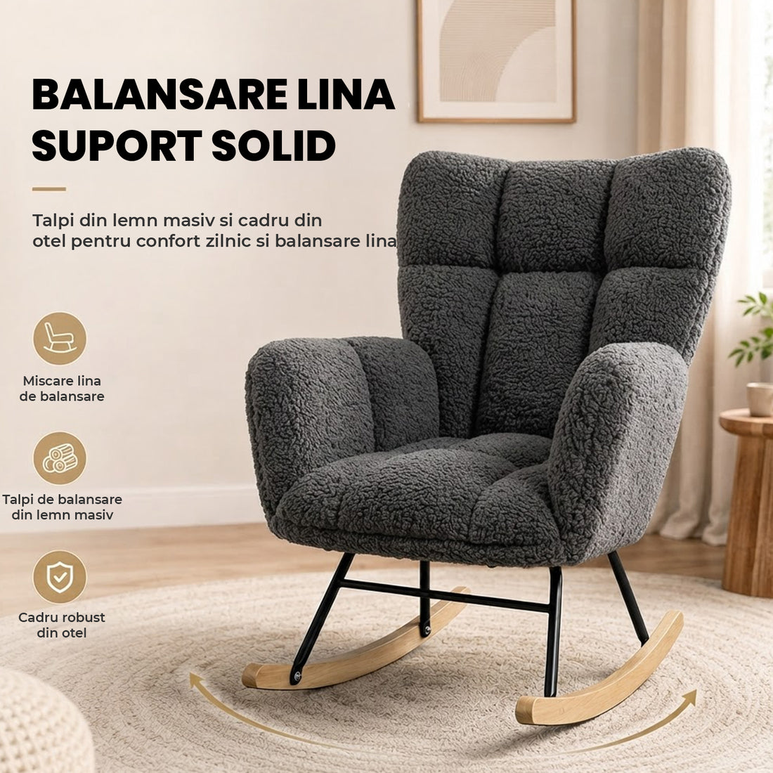 Fotoliu Balansoar Elindor® cu Spatar, Ergonomic, Cadru Solid din Otel, Ideal pentru Living, Dormitor, Camera Copilului, 68 x 88 x 93 cm, Gri Inchis