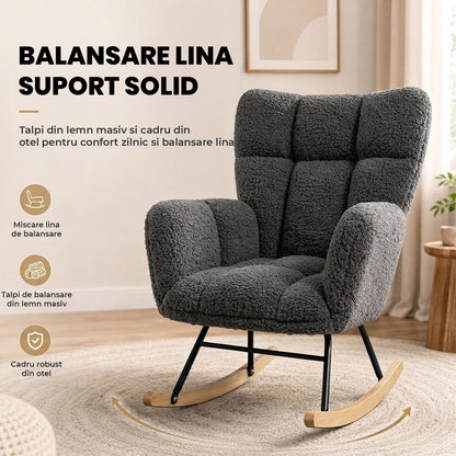 Fotoliu Balansoar Elindor® cu Spatar, Ergonomic, Cadru Solid din Otel, Ideal pentru Living, Dormitor, Camera Copilului, 68 x 88 x 93 cm, Gri Inchis