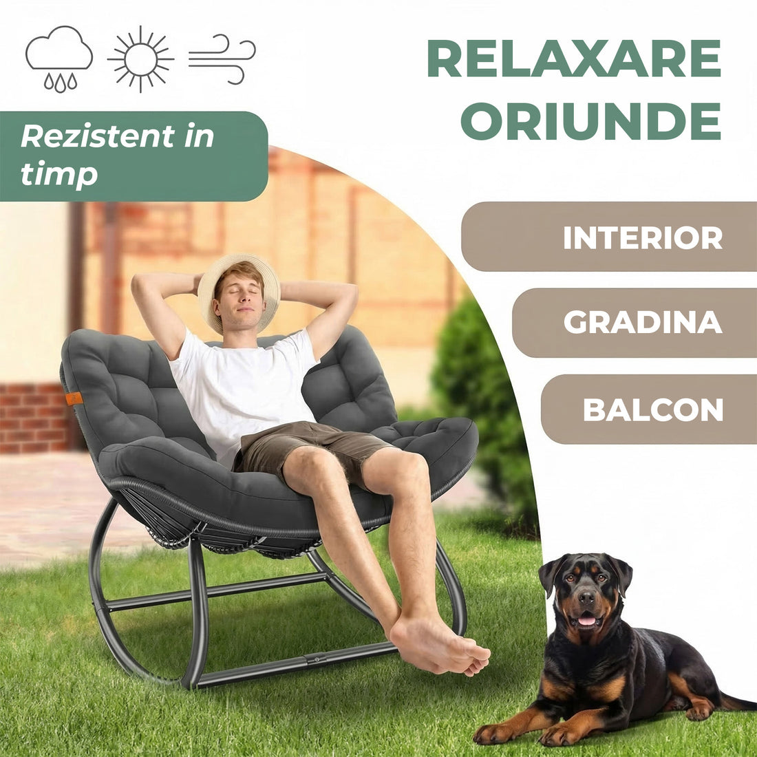 Fotoliu Balansoar Elindor® cu Spatar, Ergonomic, Cadru Solid din Otel, Suporta 120 kg, Ideal pentru Living, Dormitor, Exterior, Terasa, Negru