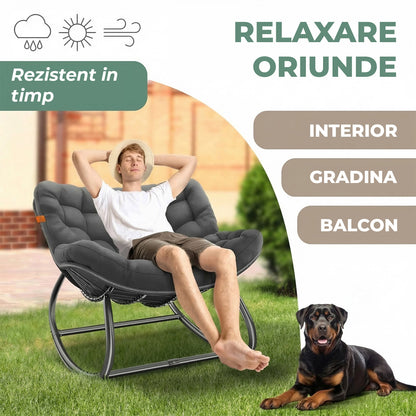 Fotoliu Balansoar Elindor® cu Spatar, Ergonomic, Cadru Solid din Otel, Suporta 120 kg, Ideal pentru Living, Dormitor, Exterior, Terasa, Negru