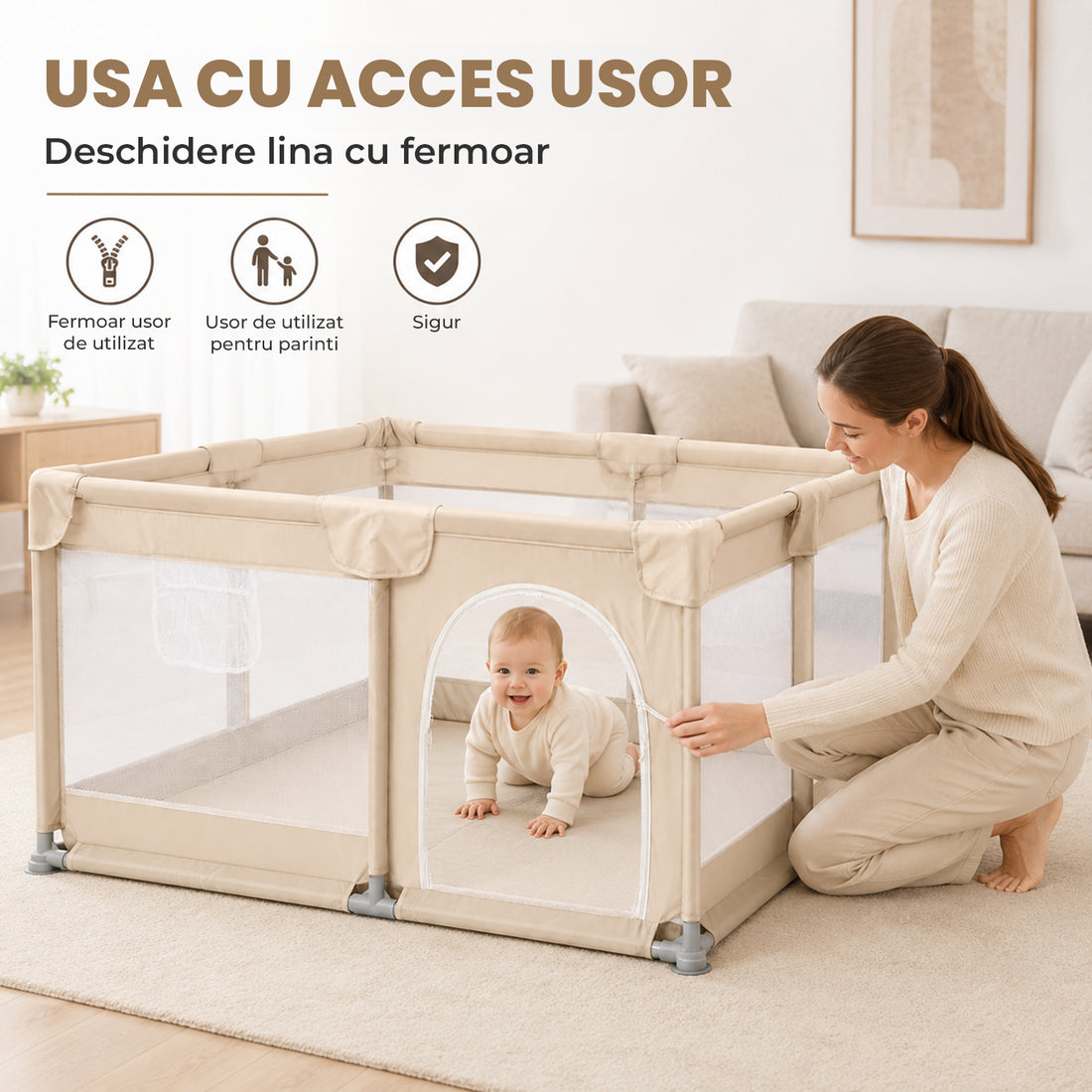 Tarc de Joaca pentru Bebelusi si Copii Elindor® cu Husa Groasa din Spuma, Spatiul Sigur de Joaca, Plasa de Protectie, Include Usa cu Fermoar, Materiale Eco-Friendly și Non-Toxice, Varsta 0-5 ani, 200 x 200 x 65 cm, Bej