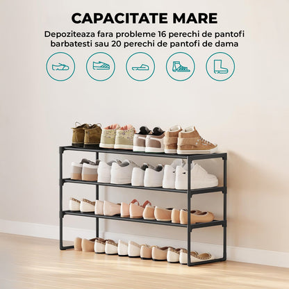 Organizator pentru Pantofi Elindor® Pantofar cu 3 Nivele Mari, Fara Gauri, Suport Metalic pentru Papuci, Dulap Hol, Dormitor, Economisire Spatiu, Depozitare Incaltaminte, 30 × 92 × 55 cm, Negru