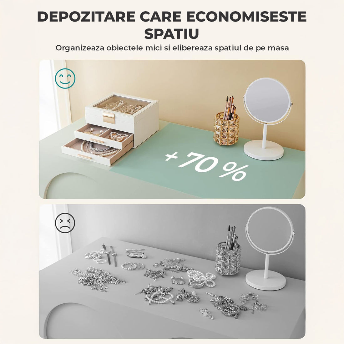 Cutie de Bijuterii Elindor® Organizator pe 3 Niveluri, Sertar x2, Spatiu de Depozitare pentru Inel, Verighete, Lantisoare, Bratari, Cercei, Caseta din Material Catifelat, Design Rafinat, Simplu si Elegant, Piele Ecologica si Catifea, 20 x 23 x 13.5 cm, Al