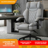 Scaun de Birou Elindor® Ergonomic, Design Contemporan, Scaun cu Spatar si Manere, din Piele PU cu Suport pentru Picioare si Roti, Latime Sezut 58 cm, Inaltime intre 110-118 cm, Gri