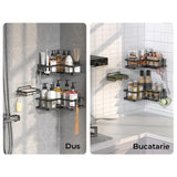 Set 3 Rafturi de Dus Elindor® Polita cu Adeziv, Etajera de Baie pentru Colt, Raft cu Carlige, Suport Prosop si Sapun, din Inox, Organizator Baie sau Etajere Depozitare in Bucatarie, Accesorii, 23 x 8.3 x 23 cm, Negru