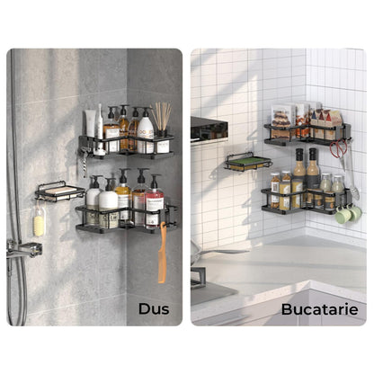 Set 3 Rafturi de Dus Elindor® Polita cu Adeziv, Etajera de Baie pentru Colt, Raft cu Carlige, Suport Prosop si Sapun, din Inox, Organizator Baie sau Etajere Depozitare in Bucatarie, Accesorii, 23 x 8.3 x 23 cm, Negru
