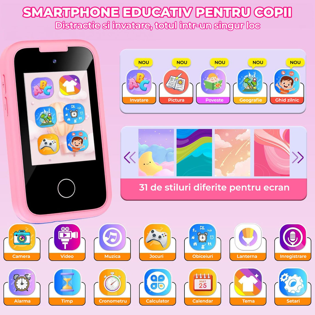 Telefon de Jucărie Elindor® pentru Copii - Roz, cu Funcții Educative