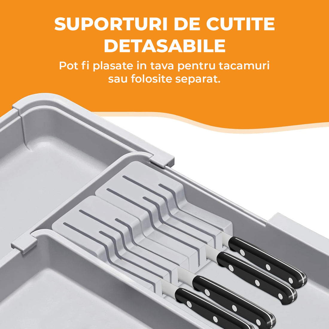 Organizator Extensibil Elindor® pentru Tacamuri si Ustensile de Bucatarie, 9 Compartimente, Sertar Extensibil 36.8-48.3 cm si 33.5 – 55.9 cm, Suport Ajustabil pentru Cutite, Linguri, Furculite, Gri