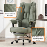 Scaun de Birou Elindor® Ergonomic, Design Contemporan, Scaun cu Spatar si Manere, din Piele PU cu Suport pentru Picioare si Roti, Latime Sezut 58 cm, Inaltime intre 48-56 cm, Verde