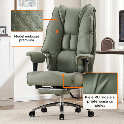 Scaun de Birou Elindor® Ergonomic, Design Contemporan, Scaun cu Spatar si Manere, din Piele PU cu Suport pentru Picioare si Roti, Latime Sezut 58 cm, Inaltime intre 48-56 cm, Verde