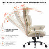 Scaun de Birou Elindor® Ergonomic, Design Contemporan, Scaun cu Spatar si Manere, din Piele PU cu Suport pentru Picioare si Lombar, cu Roti, 52 x 60 x 127 cm, Bej