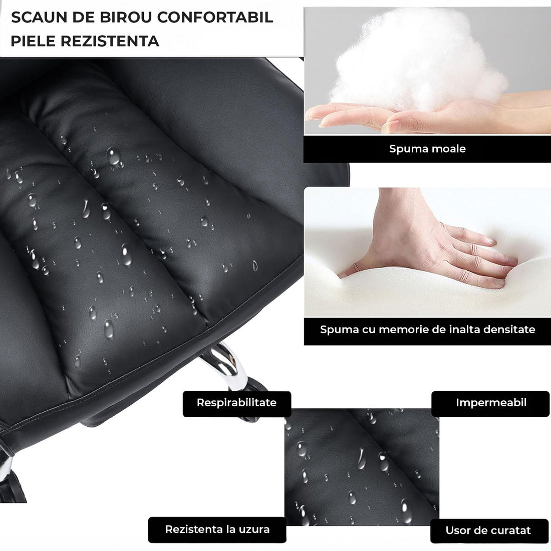 Scaun de Birou Elindor® Ergonomic, Design Contemporan, Scaun cu Spatar si Manere, din Piele PU cu Suport pentru Picioare si Lombar, cu Roti, 52 x 60 x 127 cm, Negru
