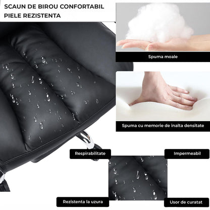 Scaun de Birou Elindor® Ergonomic, Design Contemporan, Scaun cu Spatar si Manere, din Piele PU cu Suport pentru Picioare si Lombar, cu Roti, 52 x 60 x 127 cm, Negru