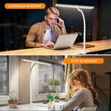 Lampa de Birou Elindor® Ultra-Wide, Alba cu LED, Nivel de Luminozitate Reglabil de la 2700K pana la 6500K, Veioza cu Clema Metalica si Brat Reglabil, Protectie pentru Ochi, Inaltime Totala 66 cm, Latime 40 cm