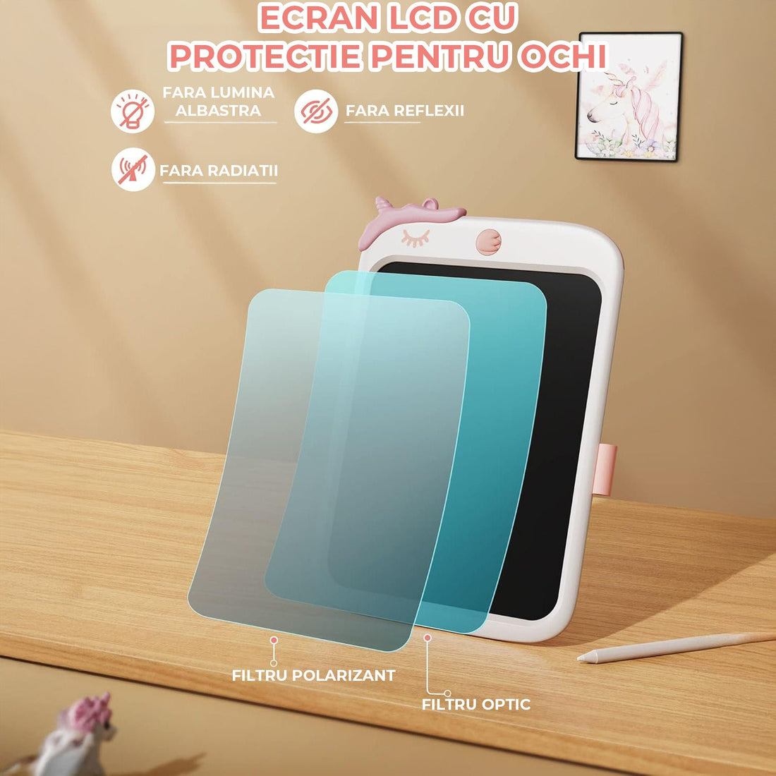 Tableta LCD Desen Elindor® 10 Inch, Jucarie Educativa Pentru Copii, Portabila, Alb