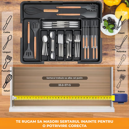 Organizator Extensibil Elindor® pentru Tacamuri si Ustensile de Bucatarie, 9 Compartimente, Sertar Extensibil 36.8-48.3 cm si 33.5 – 55.9 cm, Suport Ajustabil pentru Cutite, Linguri, Furculite, Negru