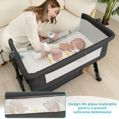 Patut Pliabil Bebelusi Elindor® 3-in-1, pentru Copii 0-36 luni, Leagan Bebe pe 2 Etaje, Cos Depozitare, 3 Trepte de Inaltime Reglabila, Plasa Laterala, Geanta Transport Calatorie, Roti cu Sistem Blocare, Saltea Integrata, Greutate Maxima 15 kg, Gri Inchis