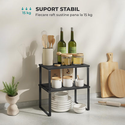 Set 2 Rafturi Elindor® din Bambus, Raft Extensibil si Suprapus pentru Bucatarie, Organizator Metalic Reglabil, Ideal ca Etajera Depozitare in Camara sau Birou, Perfect pentru Condimente, Vesela, Farfurii, Stabil si Compact, Polita pentru Obiecte, Negru