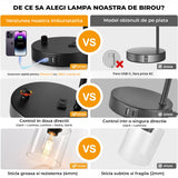 Veioza de Noptiera Elindor® cu Intrerupator Rotativ de Reglare a Intensitatii, Lampa cu Baza Metalica si Abajur din Sticla, Lampa pentru Camera de Zi, pentru Dormitor, Sufragerie, Birou, 2 Porturi USB, Antialunecare, 20 x 15 x 41 cm, Negru