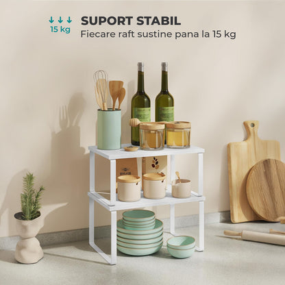 Set 2 Rafturi Elindor® din Bambus, Raft Extensibil si Suprapus pentru Bucatarie, Organizator Metalic Reglabil, Ideal ca Etajera Depozitare in Camara sau Birou, Perfect pentru Condimente, Vesela, Farfurii, Stabil si Compact, Polita pentru Obiecte Diverse,