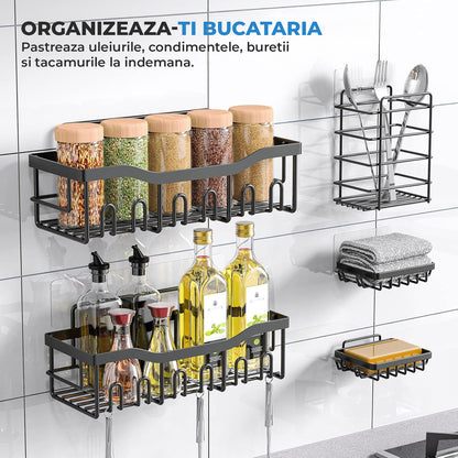 Set 5 Rafturi de Dus Elindor® Polita cu Adeziv, Etajera de Baie pentru Colt, Raft cu Carlige, din Otel Carbon, Suport Prosop si Sapun, Organizator Baie sau Etajere Depozitare in Bucatarie, Accesorii, 14 × 32.3 × 10.5 cm, Negru