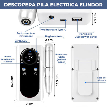 Freza Unghii Electrica Elindor® cu Suport Pila Electrica Reincarcabila, Set Complet de Ingrijire pentru Manichiura si Pedichiura Profesionala, Cuticule sau Calcaie, Ecran LCD, 45000 RPM, Viteza Reglaj Continuu, 6 Capete Detasabile, 6 Benzi Abrazive, Alb