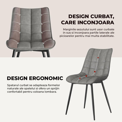 Set 2 Scaune Elindor® Ergonomice, Design Contemporan, Scaun cu Spatar si fara Manere, din Catifea cu Picioare Metalice Negre, Potrivite pentru Living, Bucatarie, Birou, Dormitor, Latime Sezut 46 cm, 85.5 x 45 x 42 cm, Gri