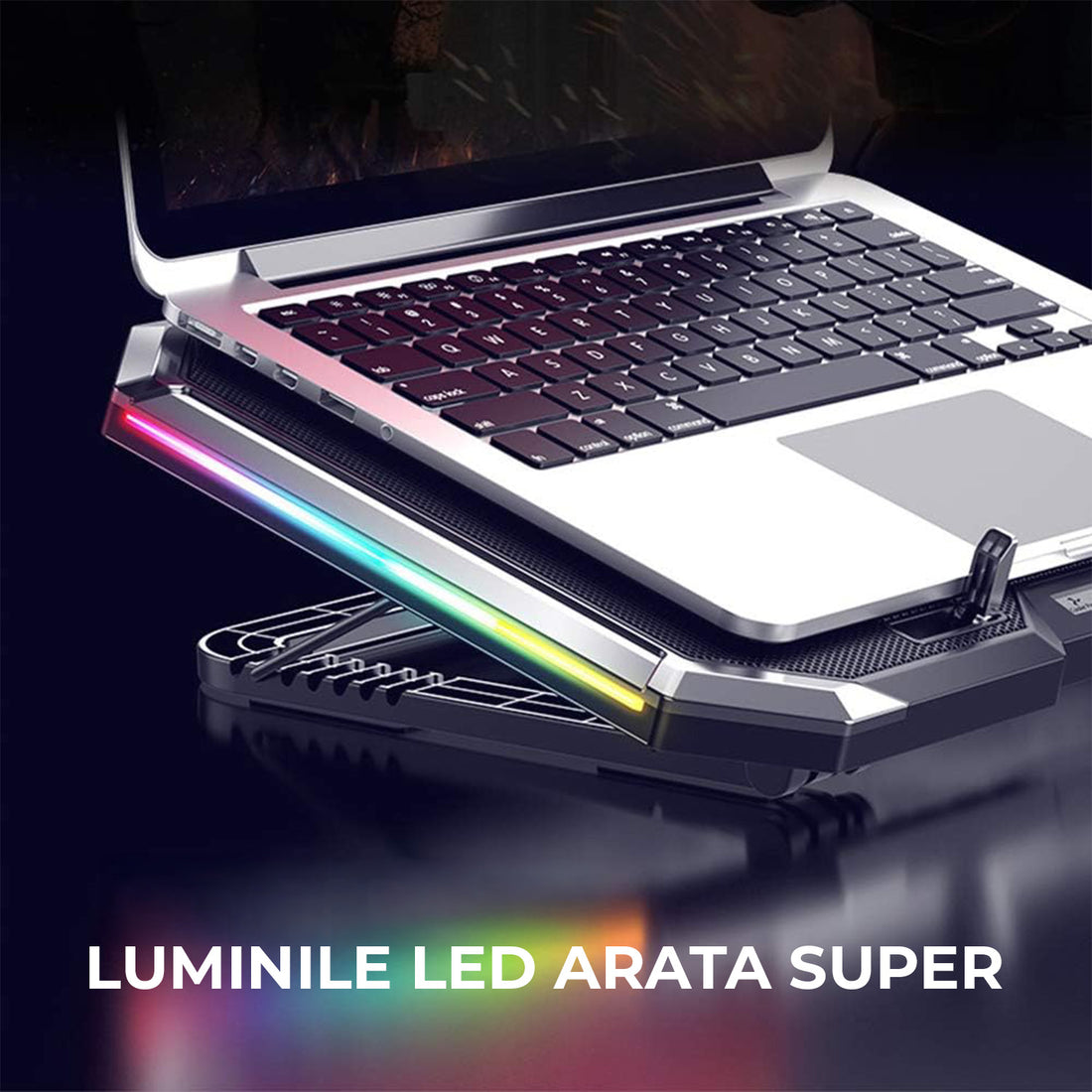 Cooler Laptop Gaming RGB Elindor® Suport cu Unghi Reglabil 7.5-17.5 cm, Dimensiuni Compatabile 15.6-17.3 Inch, 6 Ventilatoare Puternice si Silentioase 20dB cu 6x Viteza Ajustabila, 2 Porturi USB, pentru Birou, Calatorii, 41 x 27 x 3.4 cm, Negru