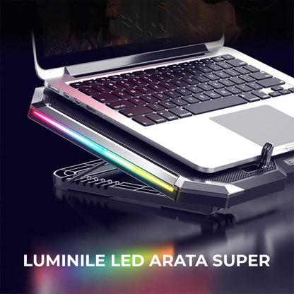 Cooler Laptop Gaming RGB Elindor® Suport cu Unghi Reglabil 7.5-17.5 cm, Dimensiuni Compatabile 15.6-17.3 Inch, 6 Ventilatoare Puternice si Silentioase 20dB cu 6x Viteza Ajustabila, 2 Porturi USB, pentru Birou, Calatorii, 41 x 27 x 3.4 cm, Negru