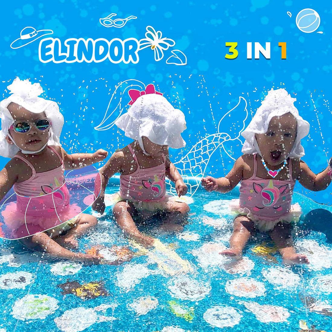 Piscina Gonflabila Elindor® 3-in1, cu Jeturi de Apa pentru Copii, Model Litere si Animale Salbatice, de Interior / Exterior, Distractie si Educatie, Jucarii Bebelusi si Copii, Instalare Rapida, Diametru 1 m, Bleumarin