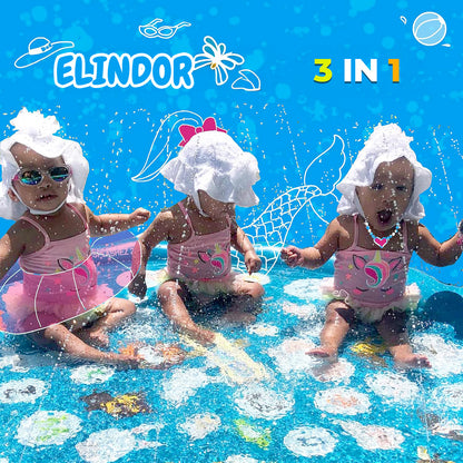 Piscina Gonflabila Elindor® 3-in1, cu Jeturi de Apa pentru Copii, Model Litere si Animale Salbatice, de Interior / Exterior, Distractie si Educatie, Jucarii Bebelusi si Copii, Instalare Rapida, Diametru 1 m, Bleumarin