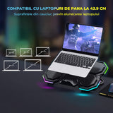 Cooler Laptop Gaming RGB Elindor® Suport cu Unghi Reglabil, Suport pentru Telefon, Dimensiuni Compatabile 12-17 Inch, 6 Ventilatoare Puternice si Silentioase 20dB, Viteza Ajustabila, 2 Porturi USB, pentru Birou, Calatorii, 40 x 27 x 3.6 cm, Negru