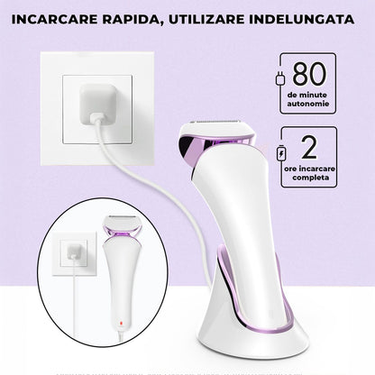 Epilator Umed și Uscat, 3 Tipuri de Lame Detașabile, IPX 6, Reîncărcabil USB, Stație de Încărcare, 900mAh, Mov