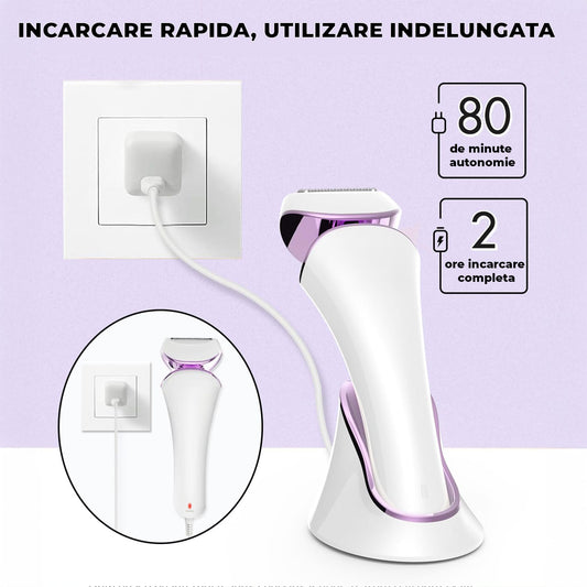 Epilator Umed și Uscat, 3 Tipuri de Lame Detașabile, IPX 6, Reîncărcabil USB, Stație de Încărcare, 900mAh, Mov