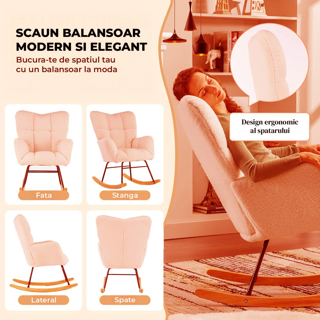 Fotoliu Balansoar Crem Deschis Elindor® cu Perna Moale si Spatar Inalt, Pufos, Ergonomic, Cadru Solid din Otel si Lemn, Suporta 115 kg, Ideal pentru Camera Copilului, Living sau Dormitor