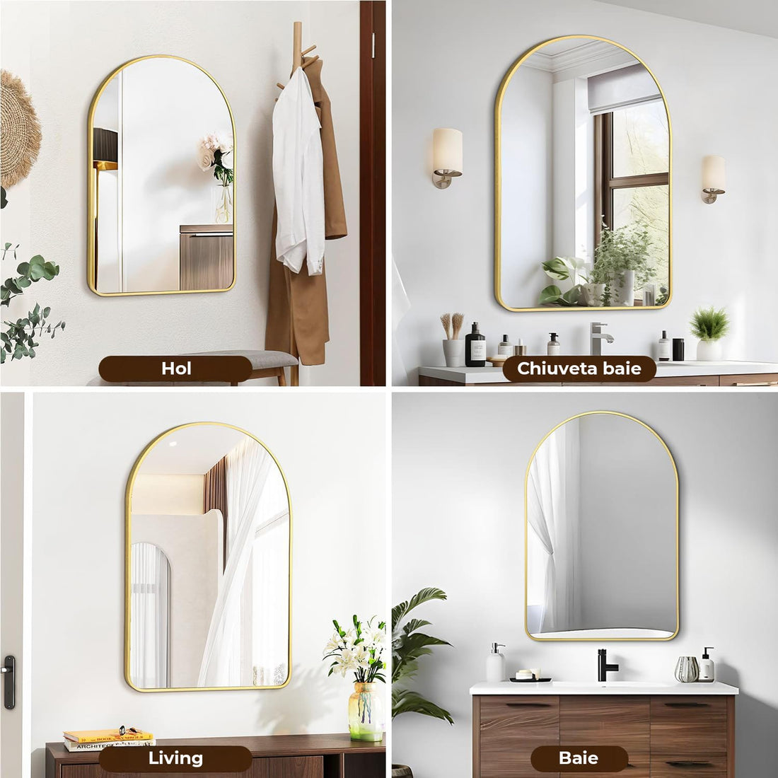 Oglinda de Perete Elindor® Arcuita 55x75 cm, Reflexie HD, Rama Aurie